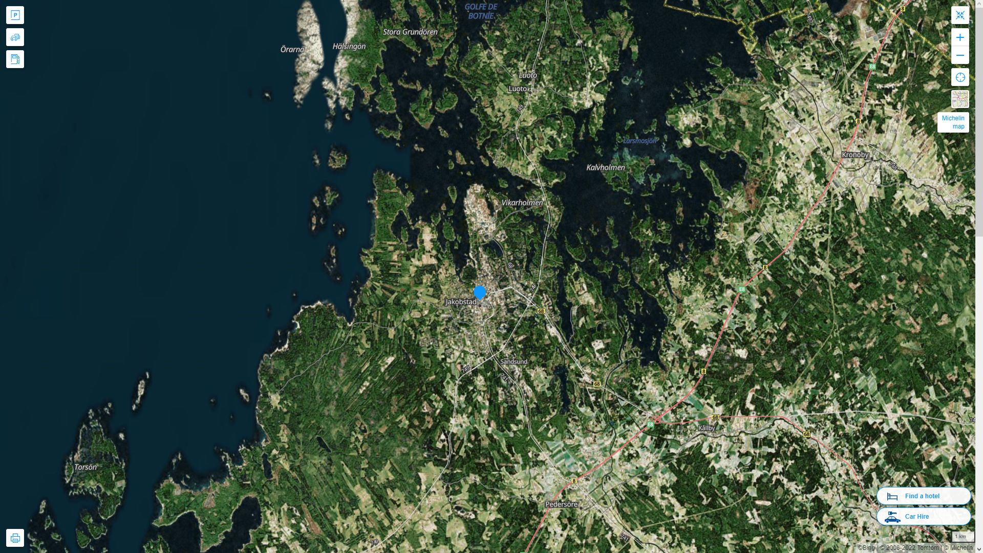 Jakobstad Finlande Autoroute et carte routiere avec vue satellite